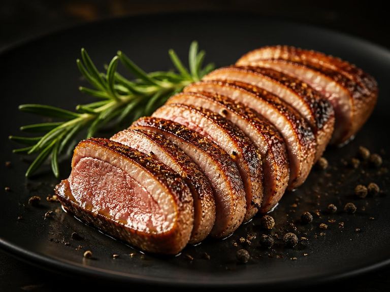 Magret de canard rôti, doré et croustillant, tranché sur une assiette noire — module Rôtir & Sauter Maîtrisé du niveau Avancé OuiChef Academy