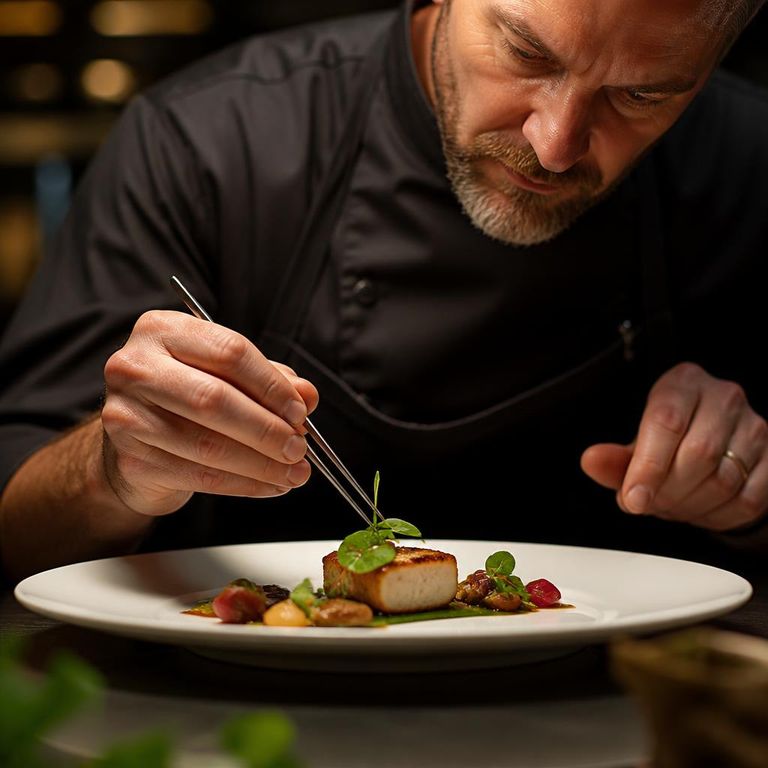 Chef expert dressant à la pince une assiette gastronomique créative, composition signature — niveau Expert Création OuiChef Academy